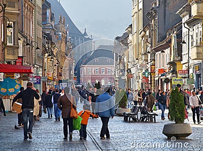 Busy street in city center Brasov, Romania Editorial Stock Photo