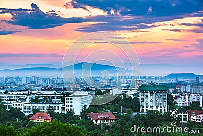 Brasov, Transylvania, Romania - Sunrise with the University building Stock Photo