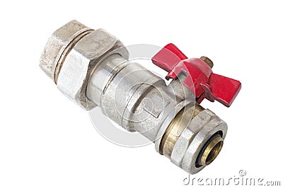 Brass ball valve with red handle for heating systems Stock Photo