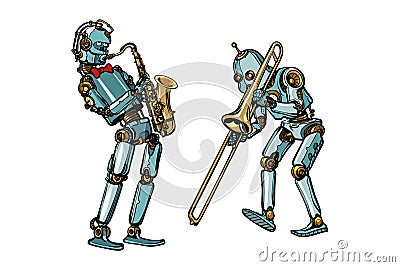 Brass band musicians robots, saxophone and trombone Vector Illustration