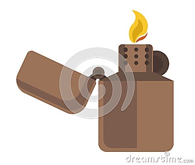 Brass or brown cigarette lighter icon with flaming fire Vector Illustration