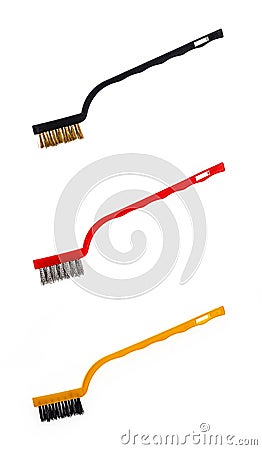 brass brush, metal brush and plastic cleaning brush on white background Stock Photo