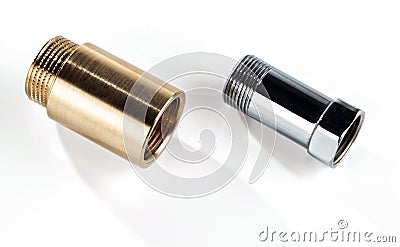 Brass and chrome plated regular couplings with internal and external thread Stock Photo