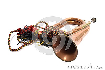 A Brass and Copper Small Bugle Instrument On White Background Stock Photo