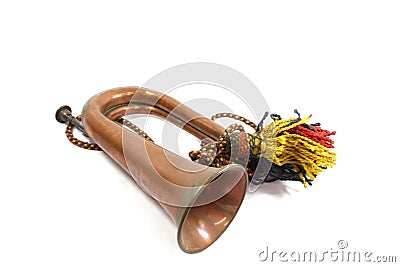 A Brass and Copper Small Bugle Instrument On White Background Stock Photo