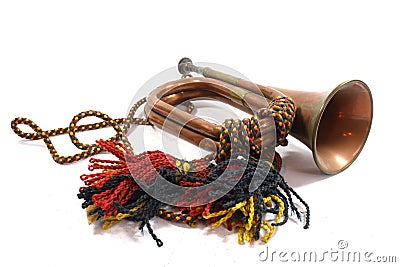 A Brass and Copper Small Bugle Instrument On White Background Stock Photo