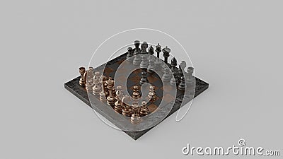 Brass and Iron Chessboard and Pieces Cartoon Illustration