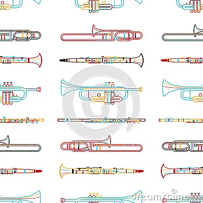 Brass musical instruments hand drawn outline seamless pattern Vector Illustration