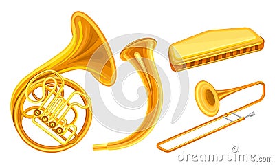 Brass Musical Instruments with Trombone and Horn Vector Set Vector Illustration