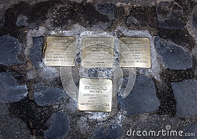 Brass plaques memorializing the death of a deported Editorial Stock Photo