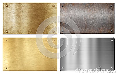 Brass, steel, aluminum metal plates set Stock Photo