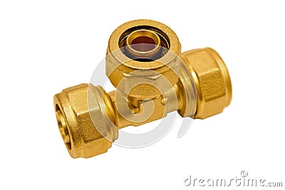 Brass tee for plastic pipes Stock Photo