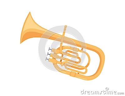 Brass tuba, wind music instrument. Classical realistic tube, twisted trumpet. Colored flat cartoon vector illustration Vector Illustration
