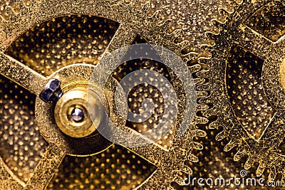 Brassy Cogwheels or Gearwheels, concept movement and mechanical Stock Photo