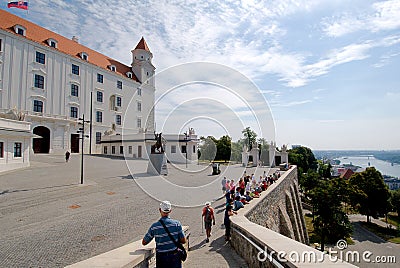 Bratislava Castle and the statue of King Svatopluck in front Editorial Stock Photo