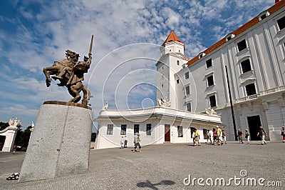 Bratislava Castle and the statue of King Svatopluck in front Editorial Stock Photo