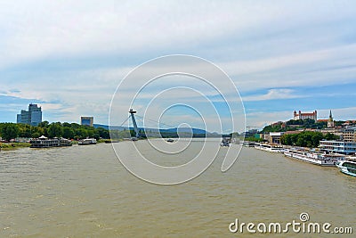 Bratislava - panorama with bridg, waterfront, cathedral and castle Editorial Stock Photo