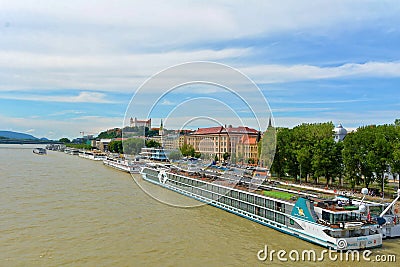 Bratislava - panorama old buildings with castle Editorial Stock Photo