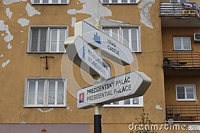 Bratislava, Slovakia - April, 2011: pointer signs indicate directions to main attractions of city. Editorial Stock Photo