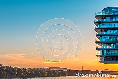 Bratislava, Slovakia - August 15, 2017: Building on the left bank of the Danube river in Bratislava city, Slovakia Editorial Stock Photo