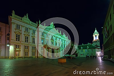 Classical style illuminated Primate`s Palace in Bratislava Slovakia at night Editorial Stock Photo