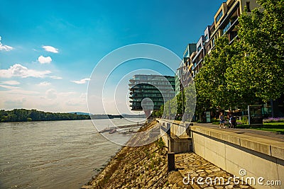 Bratislava,Slovakia: Beautiful promenade and modern building in the city Editorial Stock Photo