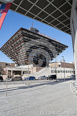 The Slovak Radio Building (Budova Slovenskeho rozhlasu) shaped like an upside down Editorial Stock Photo