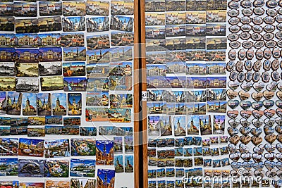 Magnets on a souvenir shop at Bratislava on Slovakia Editorial Stock Photo