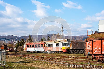 BRATISLAVA, SLOVAKIA - MARCH 07, 2022. Train Vagonka Studenka M286 #850 013-4 in the railway museum of Bratislava. Editorial Stock Photo