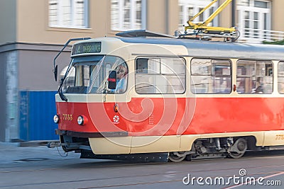 Retro red and white tram on the street of Bratislava Editorial Stock Photo