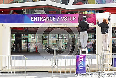 Bratislava, Slovakia - May 7th 2019 : Preparing enter gates - 3 days before Hockey World Championship Editorial Stock Photo