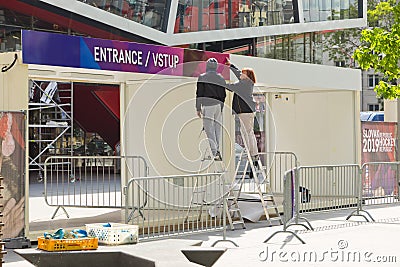 Bratislava, Slovakia - May 7th 2019 : Preparing enter gates - 3 days before Hockey World Championship Editorial Stock Photo