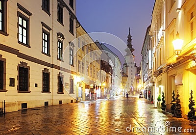 Bratislava street at night - Michael Tower, Slovakia. Stock Photo