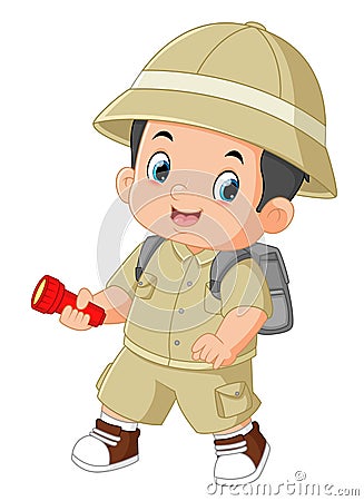 a brave adventurous boy walks and smiles while carrying a flashlight Vector Illustration