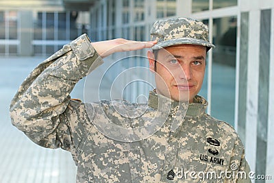 Brave American soldier saluting portrait Stock Photo