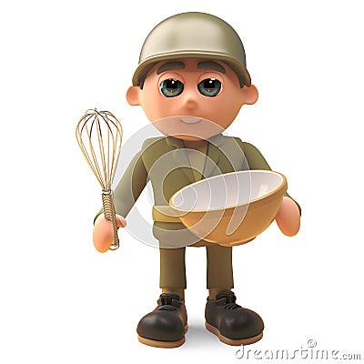 Brave army soldier baking a cake with mixing bowl and whisk, 3d illustration Cartoon Illustration