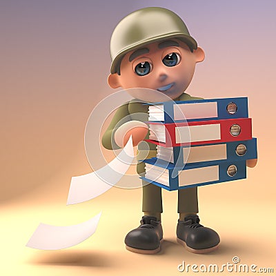 Brave army soldier drops some files from his folders, 3d illustration Cartoon Illustration