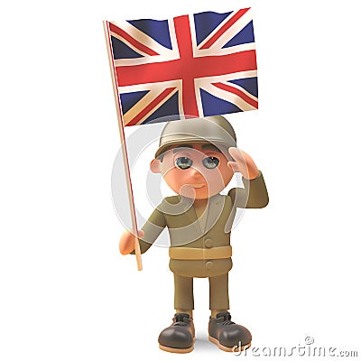 Brave army soldier salutes as he holds the British flag, 3d illustration Cartoon Illustration