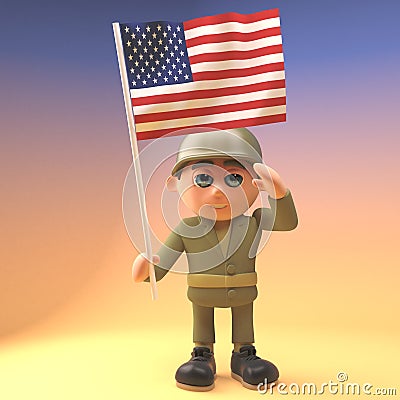 Brave army soldier salutes while holding the American flag, 3d illustration Cartoon Illustration