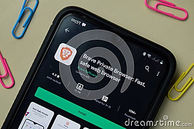 Brave Browser: Fast Adblocker dev app on Smartphone screen. Brave Browser is a freeware web browser developed by Brave Software. Editorial Stock Photo