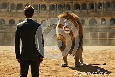 A Brave businessman facing a big lion Generative AI Stock Photo