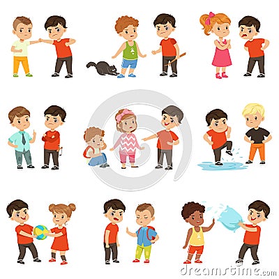 Brave children characters confronting hooligans set, bad boy bullying a smaller kid vector Illustrations on a white Vector Illustration