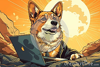 Brave corgi dog bravely defends laptop with sword and shield in bright office Stock Photo