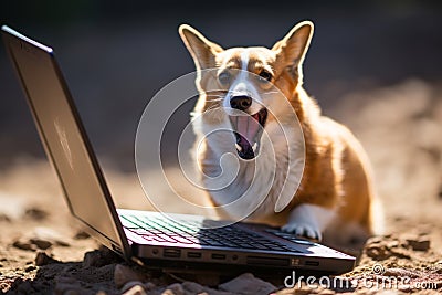 Brave corgi dog bravely defends laptop with sword and shield in bright office Stock Photo