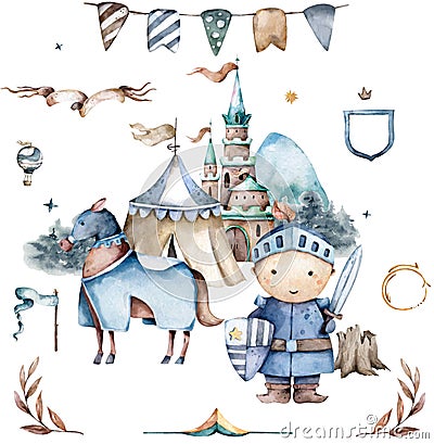 The brave cute little knight and the castle on the back with flowers. Hand drawn watercolor cartoon set for kid greeting card Stock Photo