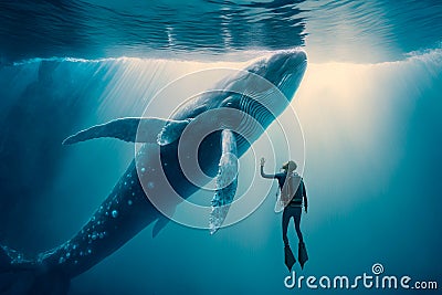 Brave diver floats alongside a magnificent whale, capturing a moment of awe-inspiring beauty in the deep sea Stock Photo
