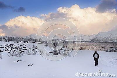 Brave female hiker alone, Nordland, Norway Editorial Stock Photo