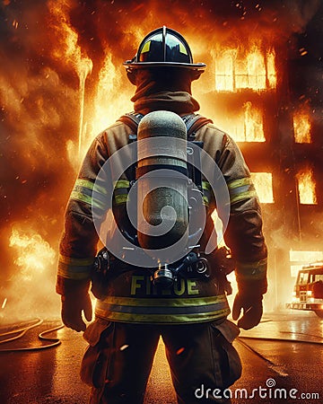 brave firefighter confronts a building on fire and is a blazing inferno Stock Photo