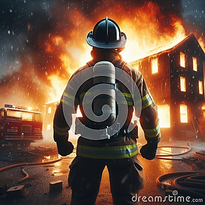 brave firefighter confronts a building on fire and is a blazing inferno Stock Photo