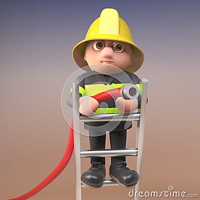 Brave firefighter fireman character in high visibility clothing standing on a ladder and aiming a fire hose at a blaze, 3d Cartoon Illustration